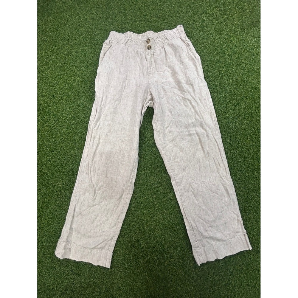 Briggs Womens Oatmeal Beige Linen Blend Elastic Waist Straight Leg Pants Size S